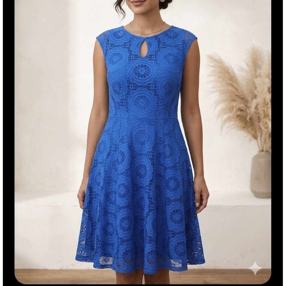 London Times Women's Royal Blue Sleeveless Lace Fit & Flare Dress Size 14W